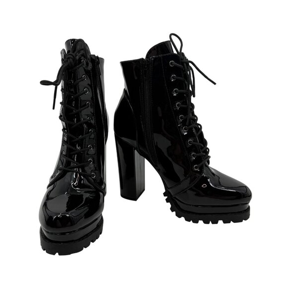 Black Faux Patent Leather Lug Sole Edgy Sexy Baddie Platform Heel Boots 10 - Picture 4 of 16
